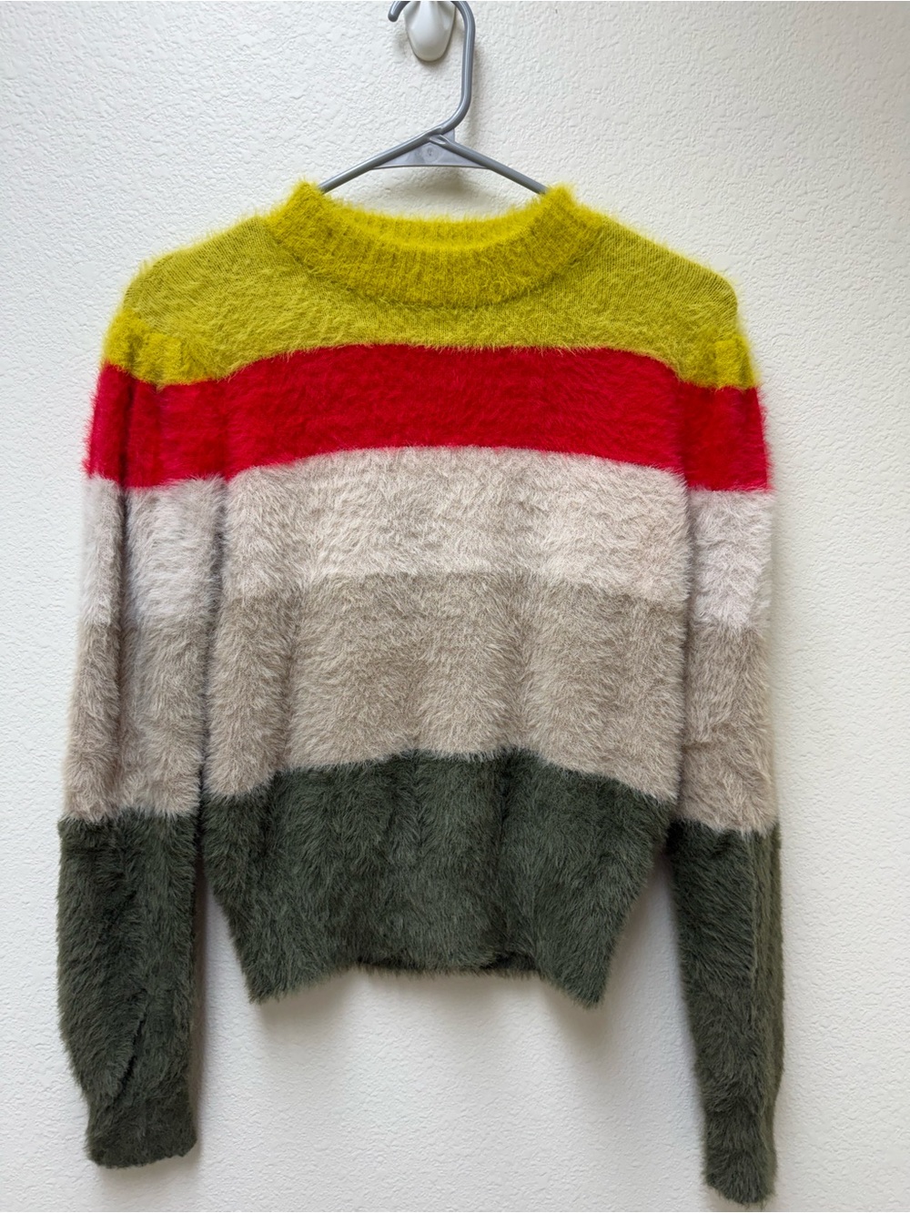 GREYLIN Fuzzy Colorblock Striped Sweater XS Yellow Red Gray Green
